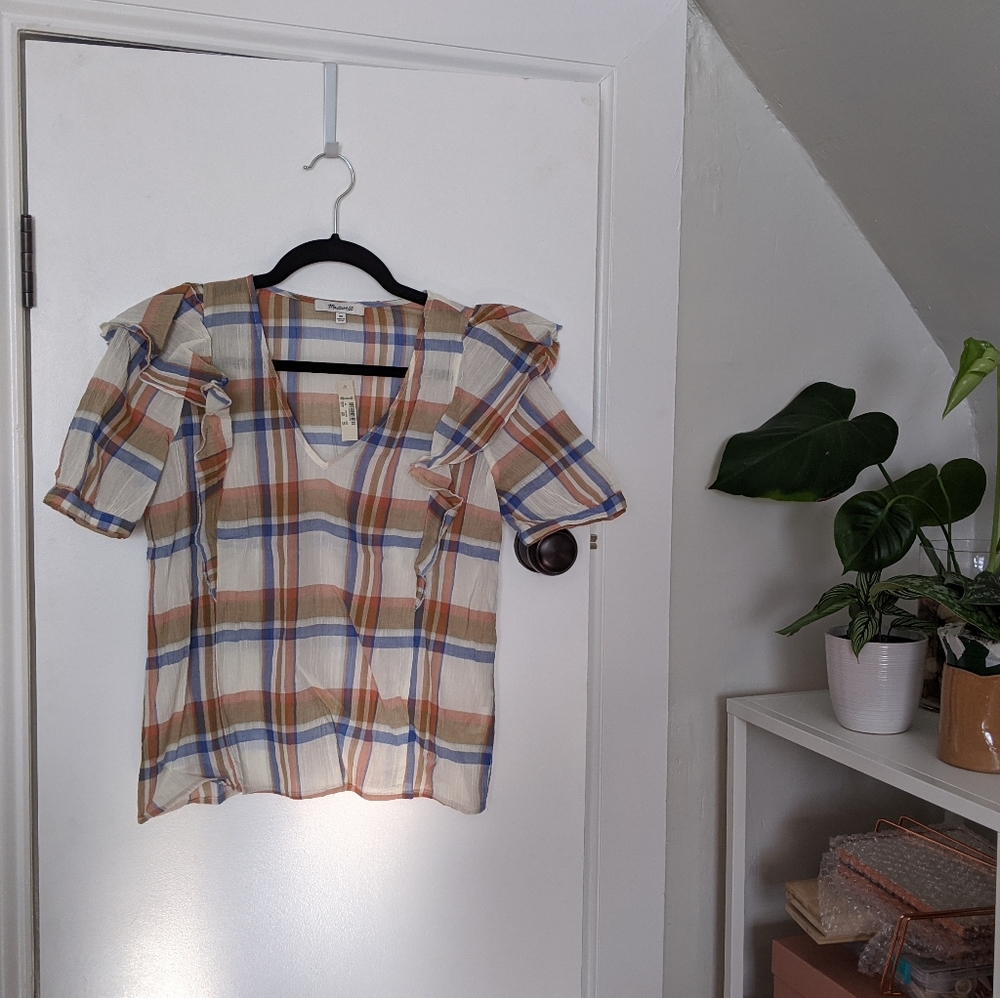 V-Neck Shoulder-Ruffle Top in Plaid